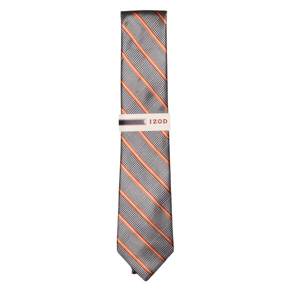 IZOD NEW $45 Black Orange Plaid Stripe Classic Silk Tie - Picture 1 of 3